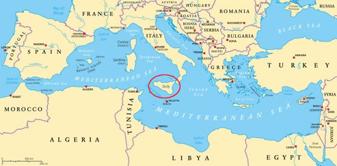 Lage von Sizilien im Mittelmeer